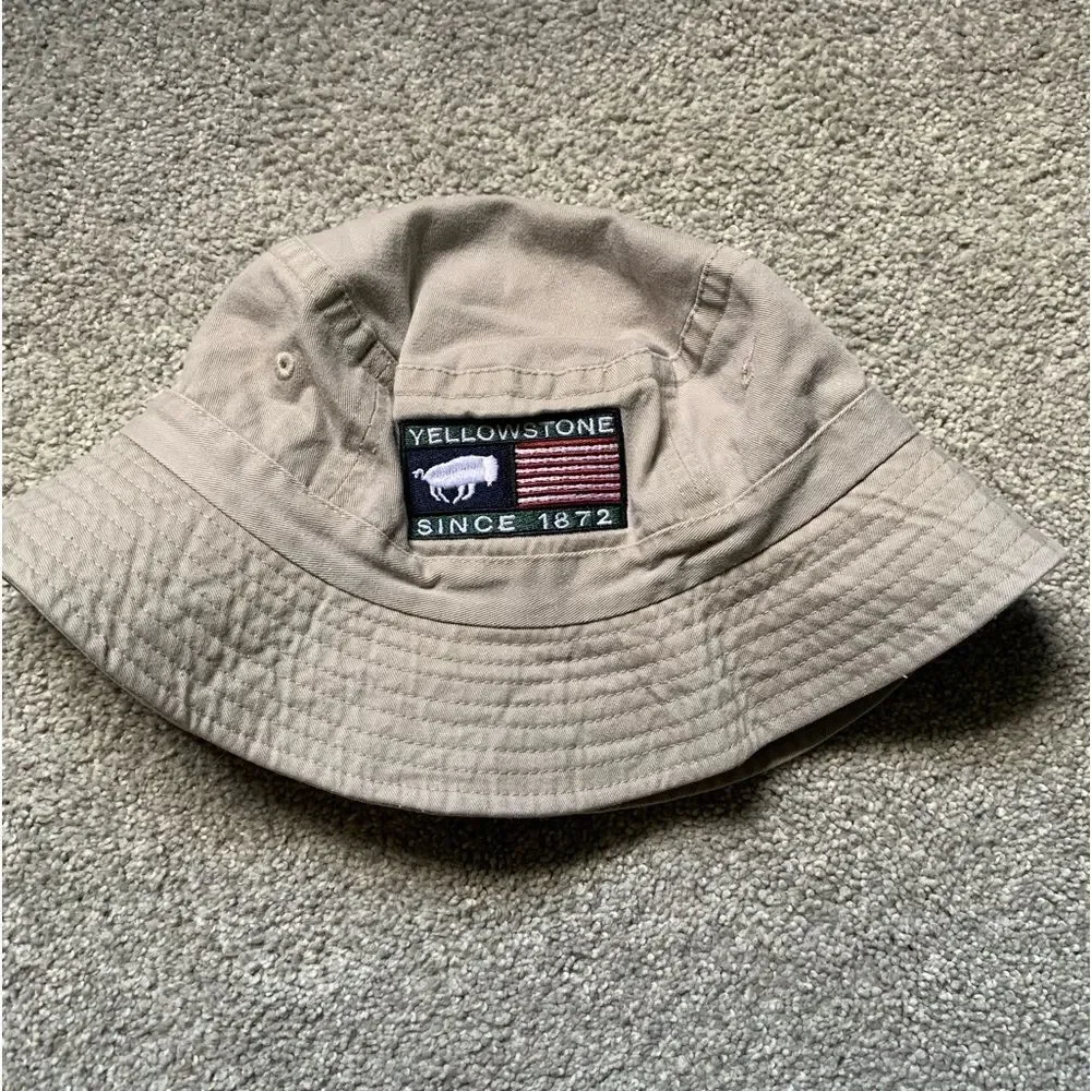 VTG Yellowstone USA Hiking Outdoor Bucket Hat Beige Green Red White Blue One SZ